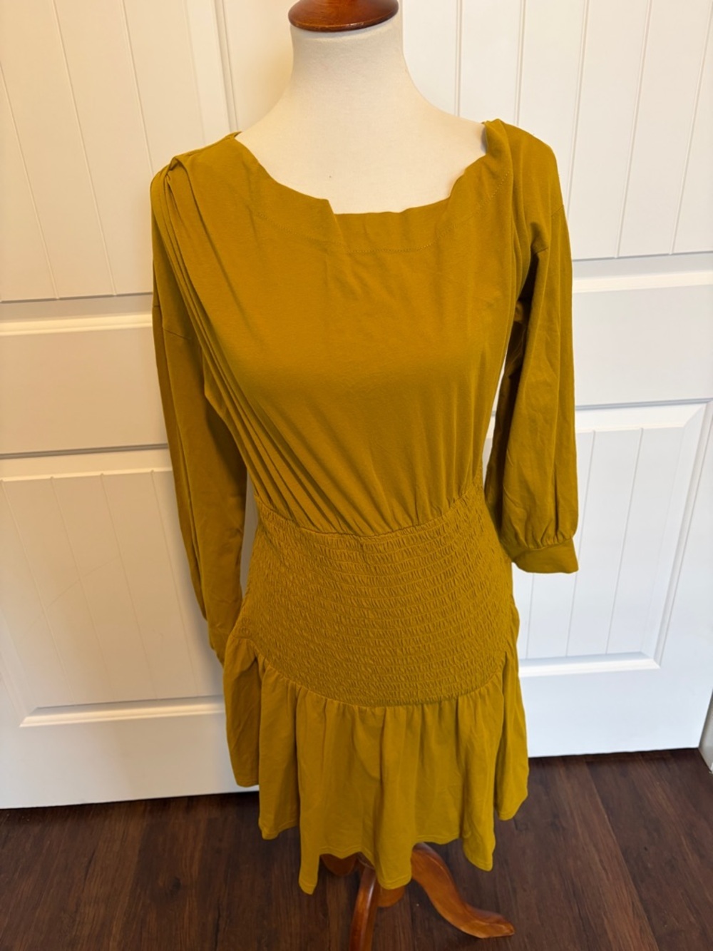 Free People Mustard Long Sleeve Smocked-Waist Dress